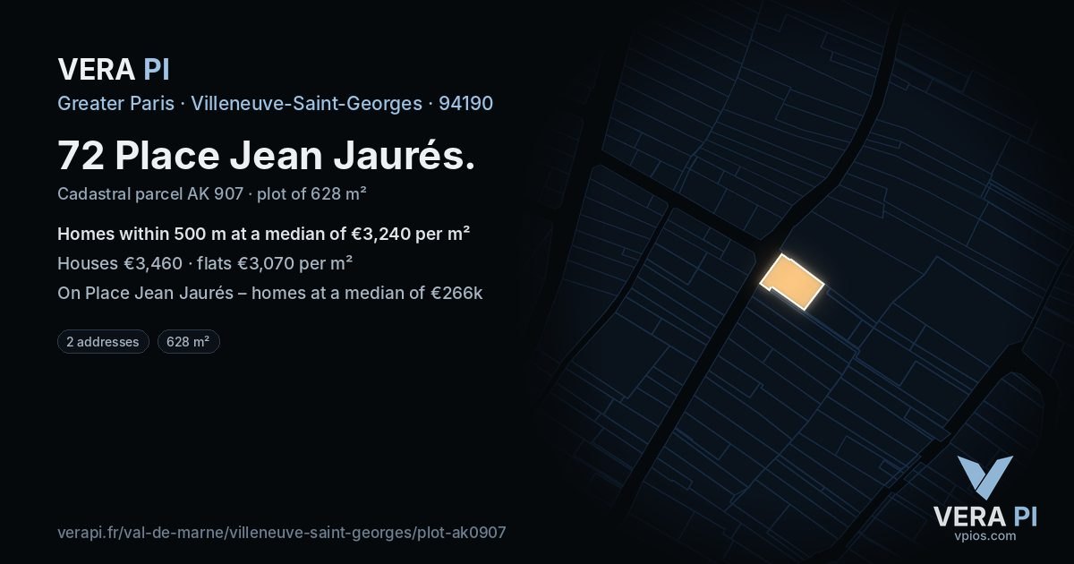 72 Place Jean Jaurés, Villeneuve-Saint-Georges at night – the plot lit, the parcels around coloured by the prices near them
