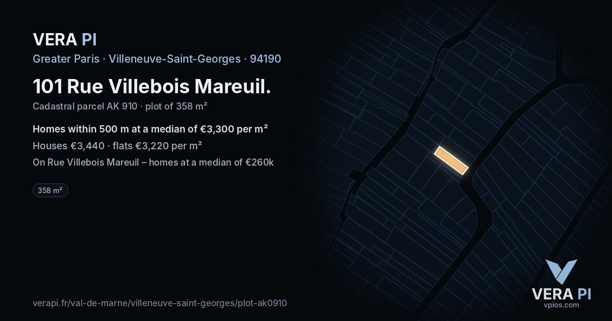 101 Rue Villebois Mareuil, Villeneuve-Saint-Georges at night – the plot lit, the parcels around coloured by the prices near them