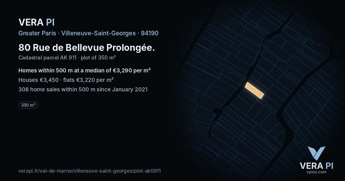 80 Rue de Bellevue Prolongée, Villeneuve-Saint-Georges at night – the plot lit, the parcels around coloured by the prices near them