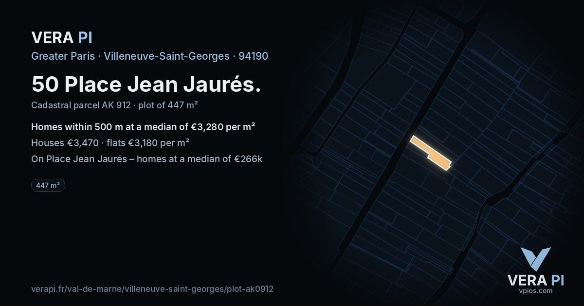 50 Place Jean Jaurés, Villeneuve-Saint-Georges at night – the plot lit, the parcels around coloured by the prices near them