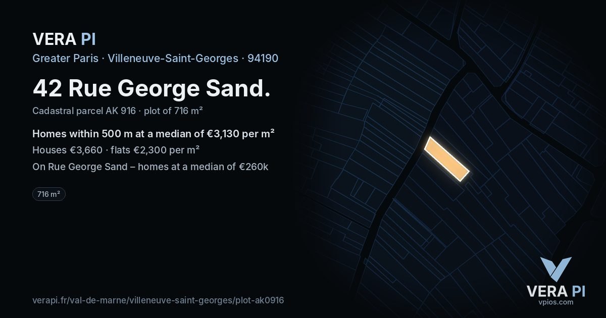 42 Rue George Sand, Villeneuve-Saint-Georges at night – the plot lit, the parcels around coloured by the prices near them