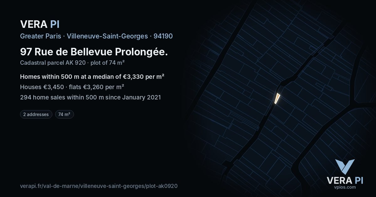 97 Rue de Bellevue Prolongée, Villeneuve-Saint-Georges at night – the plot lit, the parcels around coloured by the prices near them