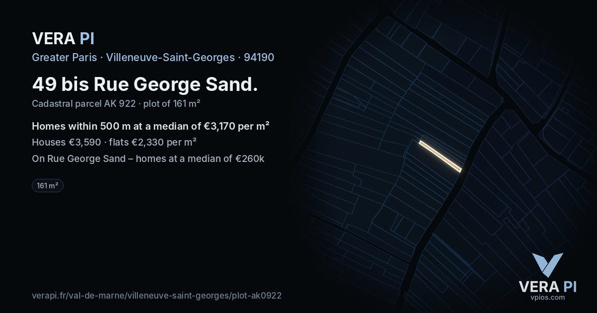 49 bis Rue George Sand, Villeneuve-Saint-Georges at night – the plot lit, the parcels around coloured by the prices near them