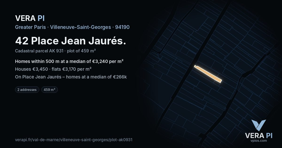 42 Place Jean Jaurés, Villeneuve-Saint-Georges at night – the plot lit, the parcels around coloured by the prices near them