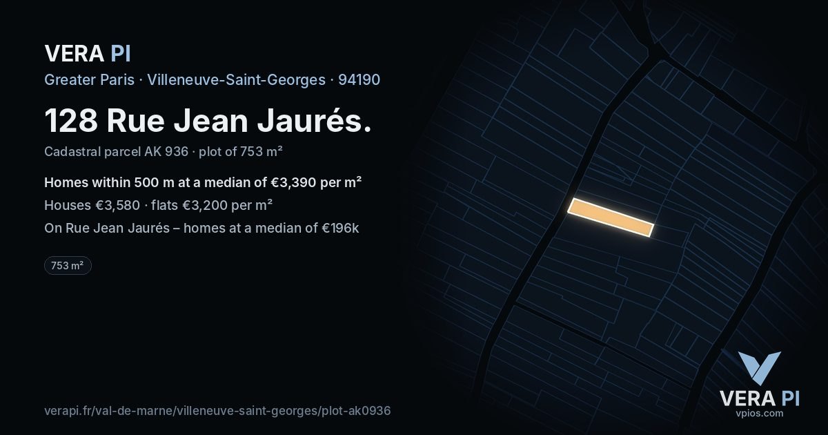 128 Rue Jean Jaurés, Villeneuve-Saint-Georges at night – the plot lit, the parcels around coloured by the prices near them