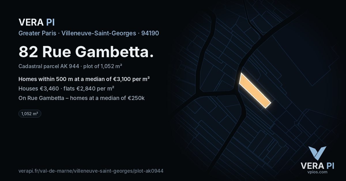 82 Rue Gambetta, Villeneuve-Saint-Georges at night – the plot lit, the parcels around coloured by the prices near them