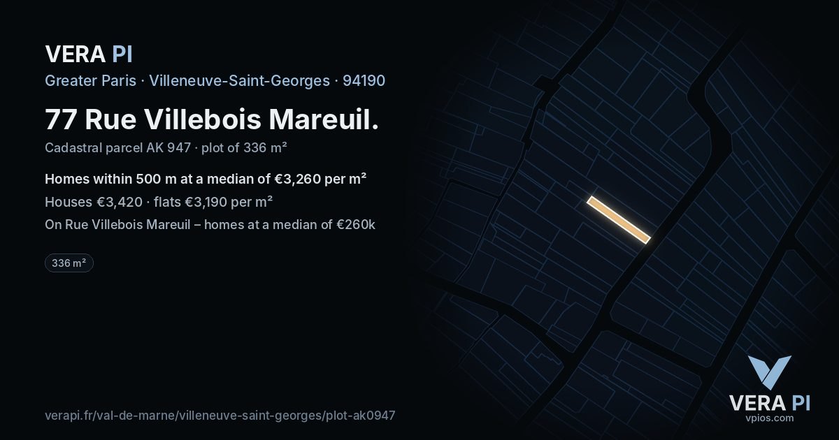 77 Rue Villebois Mareuil, Villeneuve-Saint-Georges at night – the plot lit, the parcels around coloured by the prices near them
