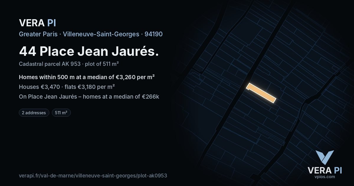 44 Place Jean Jaurés, Villeneuve-Saint-Georges at night – the plot lit, the parcels around coloured by the prices near them