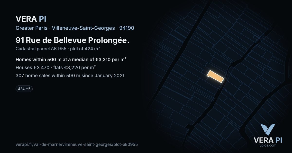 91 Rue de Bellevue Prolongée, Villeneuve-Saint-Georges at night – the plot lit, the parcels around coloured by the prices near them