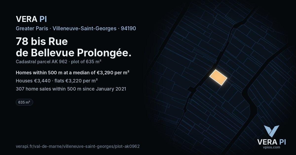 78 bis Rue de Bellevue Prolongée, Villeneuve-Saint-Georges at night – the plot lit, the parcels around coloured by the prices near them