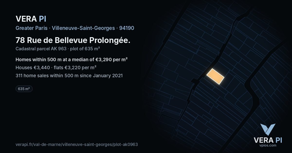 78 Rue de Bellevue Prolongée, Villeneuve-Saint-Georges at night – the plot lit, the parcels around coloured by the prices near them