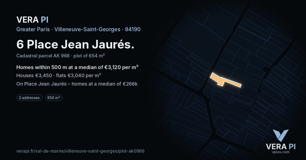 6 Place Jean Jaurés, Villeneuve-Saint-Georges at night – the plot lit, the parcels around coloured by the prices near them