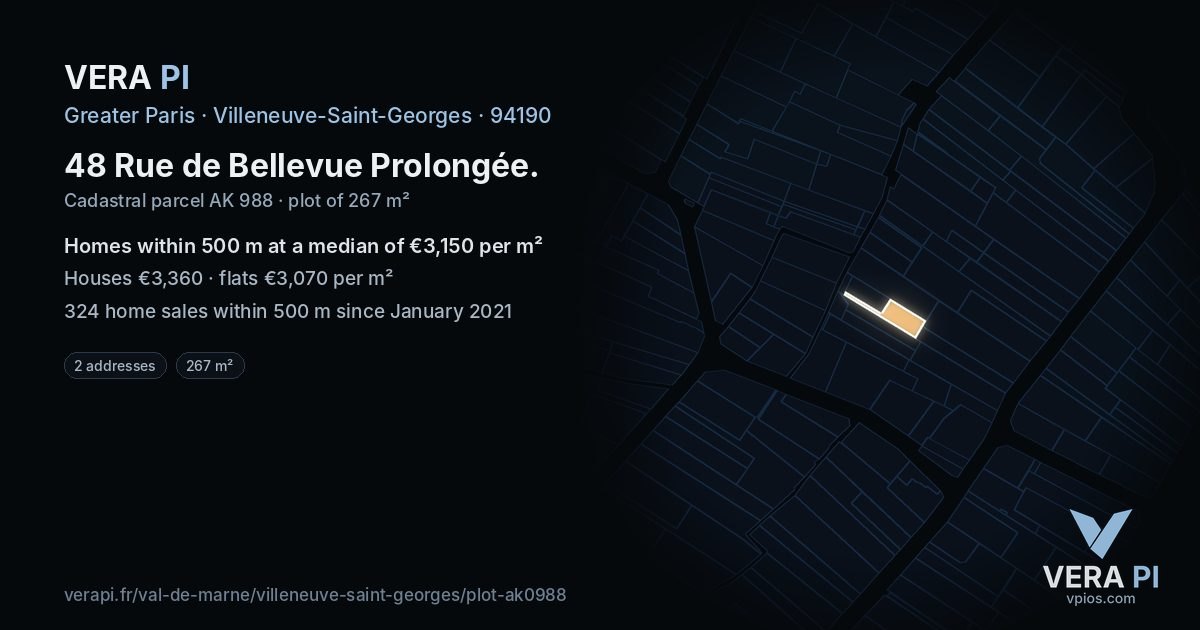 48 Rue de Bellevue Prolongée, Villeneuve-Saint-Georges at night – the plot lit, the parcels around coloured by the prices near them