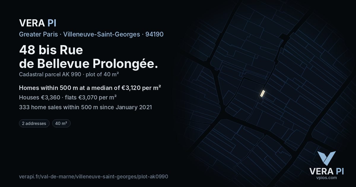 48 bis Rue de Bellevue Prolongée, Villeneuve-Saint-Georges at night – the plot lit, the parcels around coloured by the prices near them