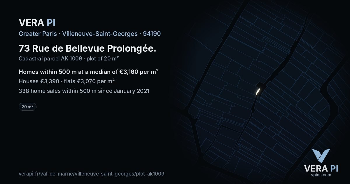 73 Rue de Bellevue Prolongée, Villeneuve-Saint-Georges at night – the plot lit, the parcels around coloured by the prices near them