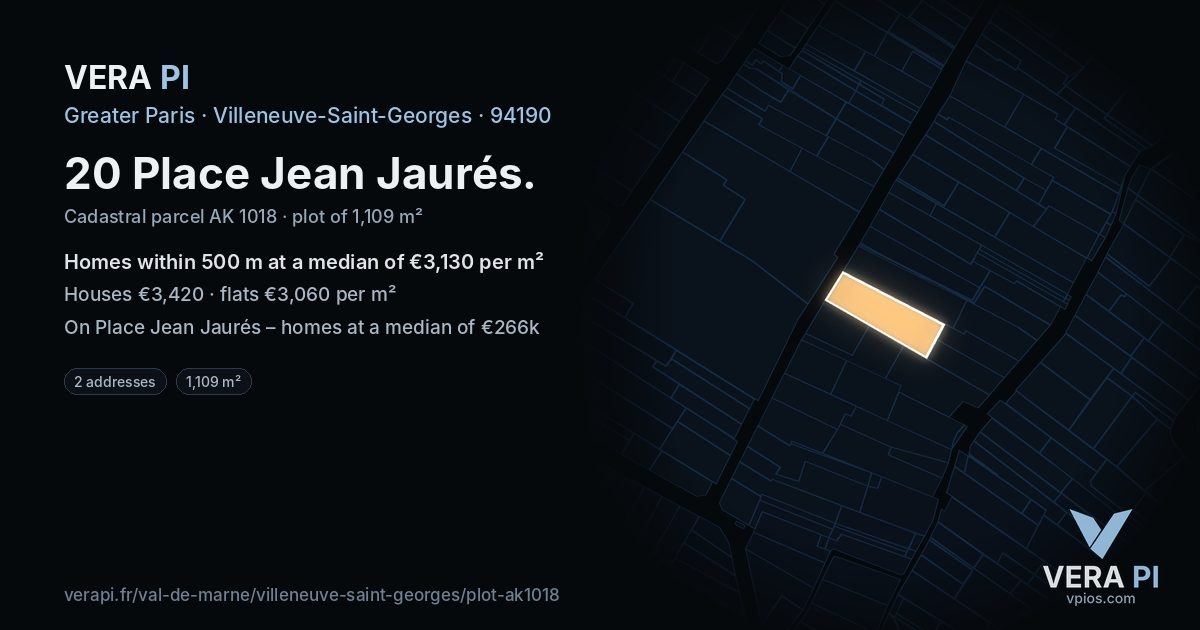20 Place Jean Jaurés, Villeneuve-Saint-Georges at night – the plot lit, the parcels around coloured by the prices near them