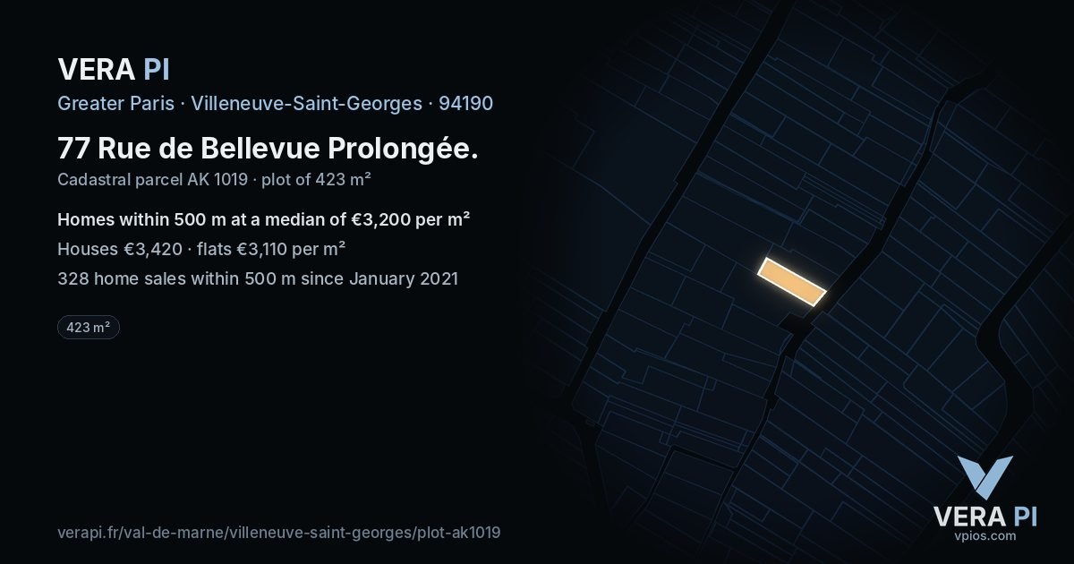 77 Rue de Bellevue Prolongée, Villeneuve-Saint-Georges at night – the plot lit, the parcels around coloured by the prices near them