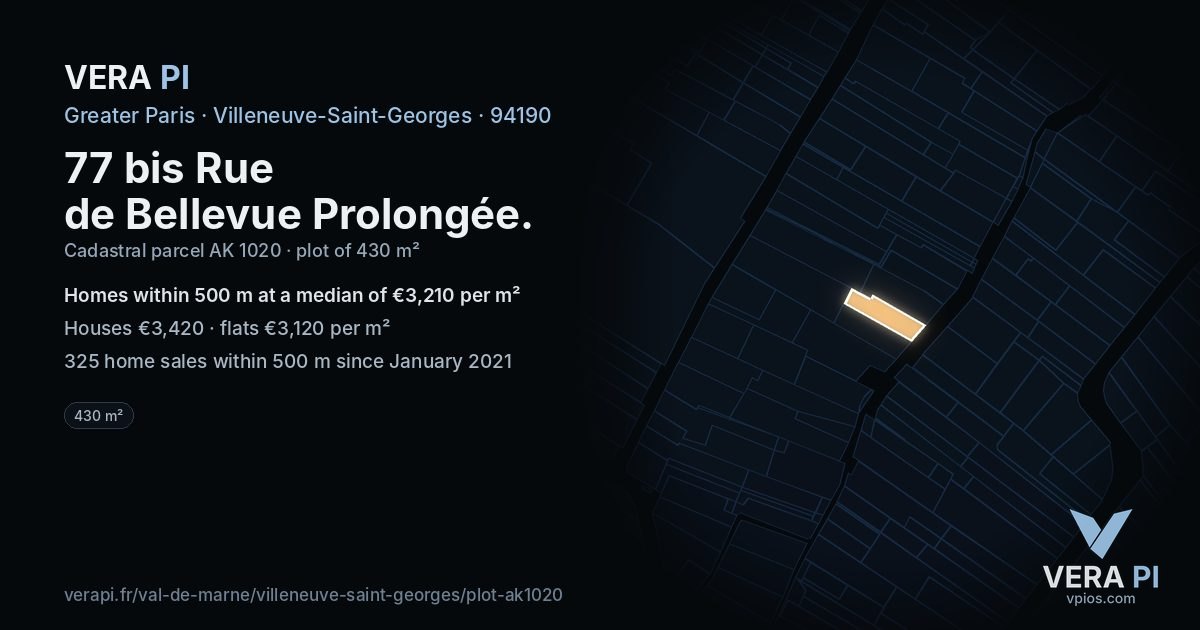 77 bis Rue de Bellevue Prolongée, Villeneuve-Saint-Georges at night – the plot lit, the parcels around coloured by the prices near them