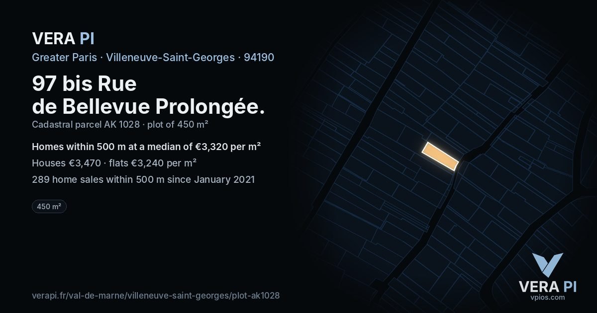 97 bis Rue de Bellevue Prolongée, Villeneuve-Saint-Georges at night – the plot lit, the parcels around coloured by the prices near them