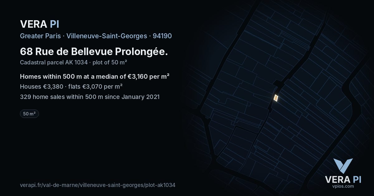 68 Rue de Bellevue Prolongée, Villeneuve-Saint-Georges at night – the plot lit, the parcels around coloured by the prices near them