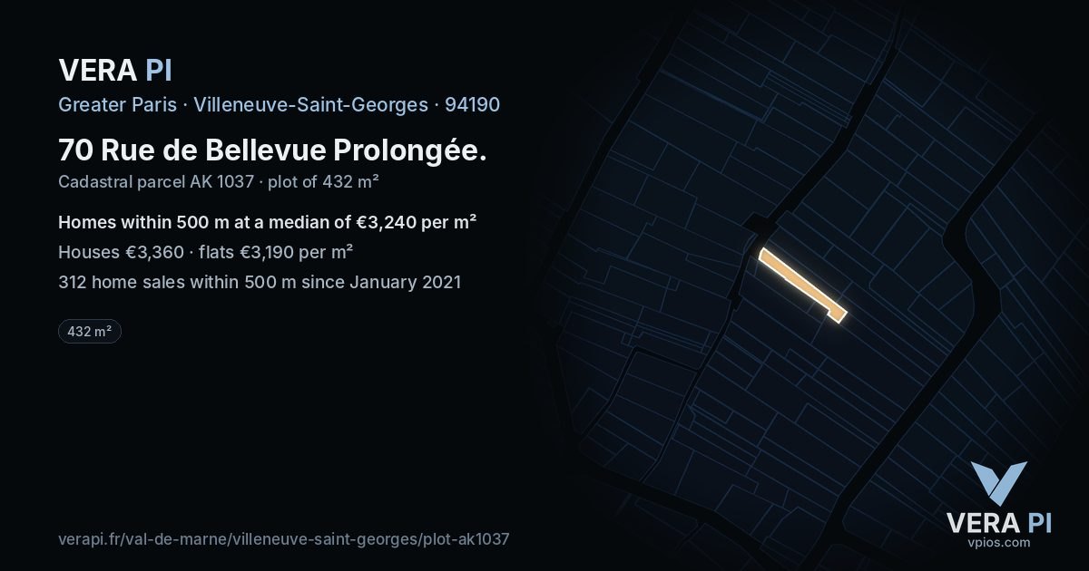 70 Rue de Bellevue Prolongée, Villeneuve-Saint-Georges at night – the plot lit, the parcels around coloured by the prices near them