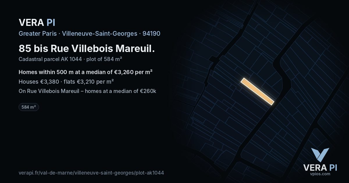 85 bis Rue Villebois Mareuil, Villeneuve-Saint-Georges at night – the plot lit, the parcels around coloured by the prices near them