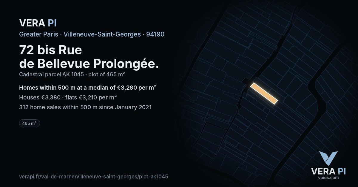 72 bis Rue de Bellevue Prolongée, Villeneuve-Saint-Georges at night – the plot lit, the parcels around coloured by the prices near them