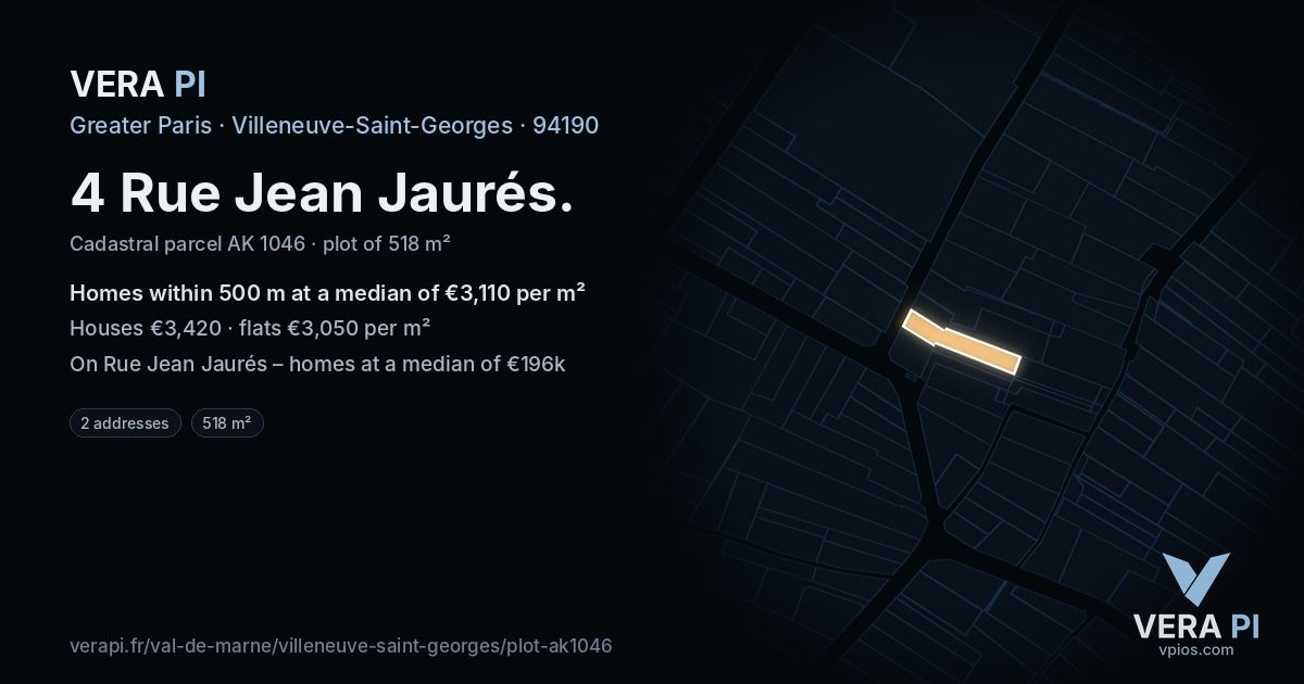 4 Rue Jean Jaurés, Villeneuve-Saint-Georges at night – the plot lit, the parcels around coloured by the prices near them