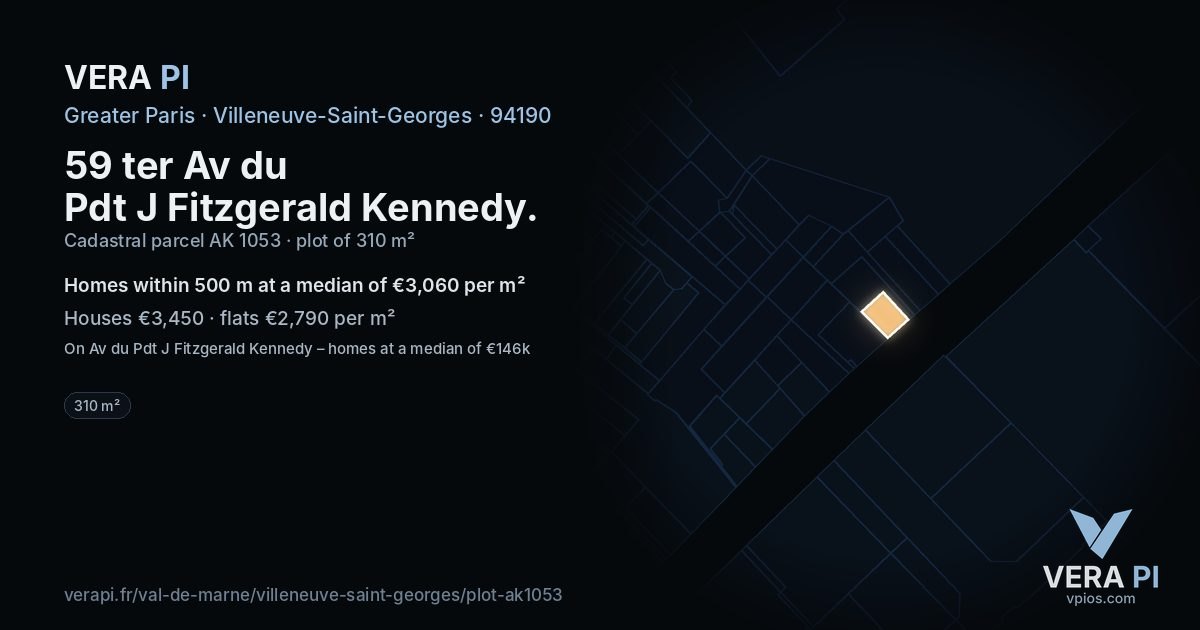59 ter Av du Pdt J Fitzgerald Kennedy, Villeneuve-Saint-Georges at night – the plot lit, the parcels around coloured by the prices near them
