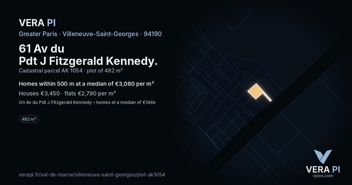 61 Av du Pdt J Fitzgerald Kennedy, Villeneuve-Saint-Georges at night – the plot lit, the parcels around coloured by the prices near them