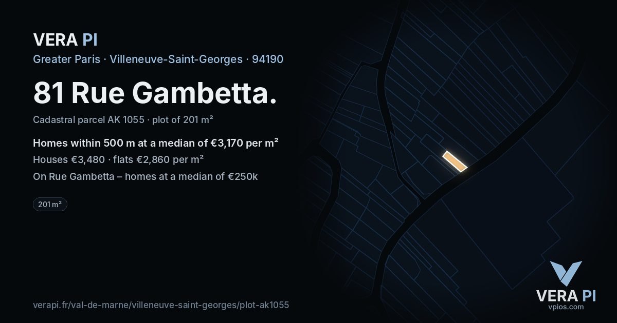 81 Rue Gambetta, Villeneuve-Saint-Georges at night – the plot lit, the parcels around coloured by the prices near them