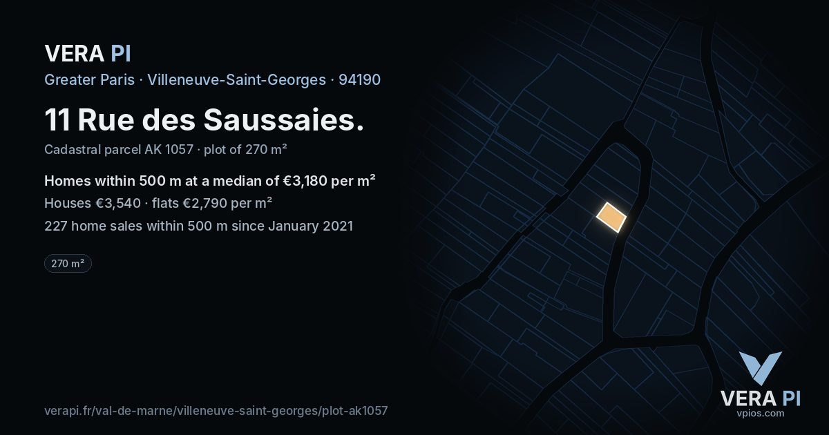 11 Rue des Saussaies, Villeneuve-Saint-Georges at night – the plot lit, the parcels around coloured by the prices near them