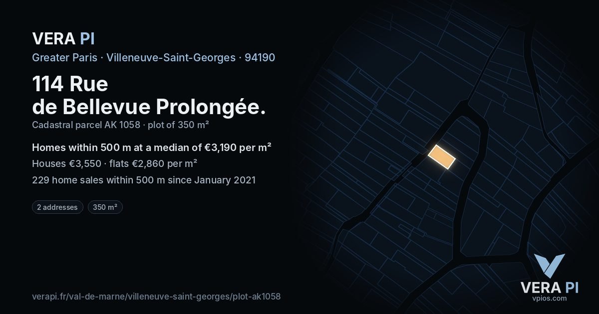 114 Rue de Bellevue Prolongée, Villeneuve-Saint-Georges at night – the plot lit, the parcels around coloured by the prices near them