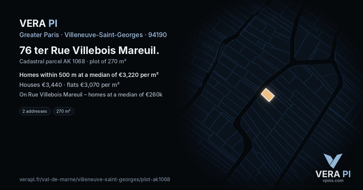76 ter Rue Villebois Mareuil, Villeneuve-Saint-Georges at night – the plot lit, the parcels around coloured by the prices near them