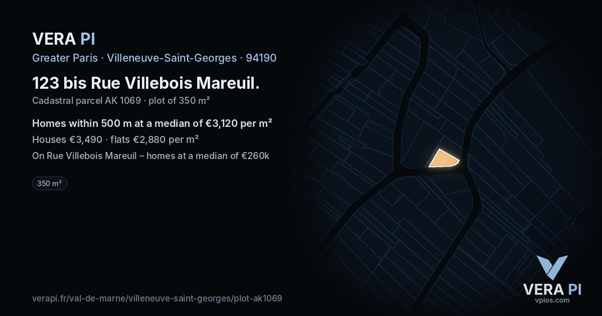 123 bis Rue Villebois Mareuil, Villeneuve-Saint-Georges at night – the plot lit, the parcels around coloured by the prices near them