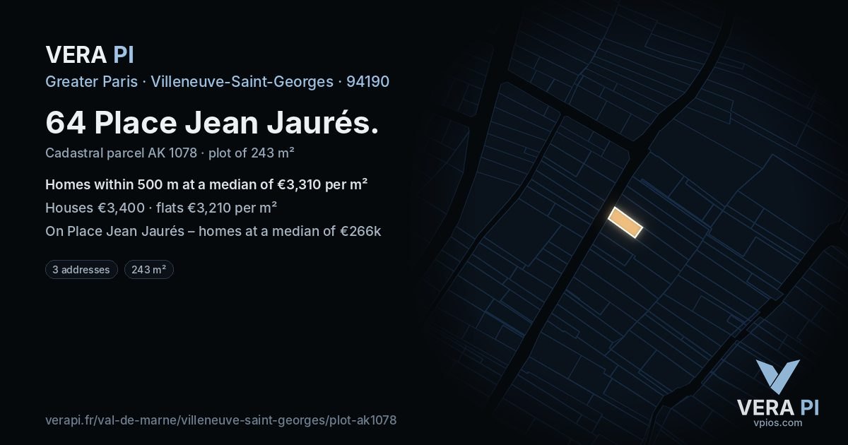 64 Place Jean Jaurés, Villeneuve-Saint-Georges at night – the plot lit, the parcels around coloured by the prices near them