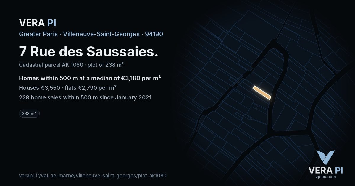 7 Rue des Saussaies, Villeneuve-Saint-Georges at night – the plot lit, the parcels around coloured by the prices near them