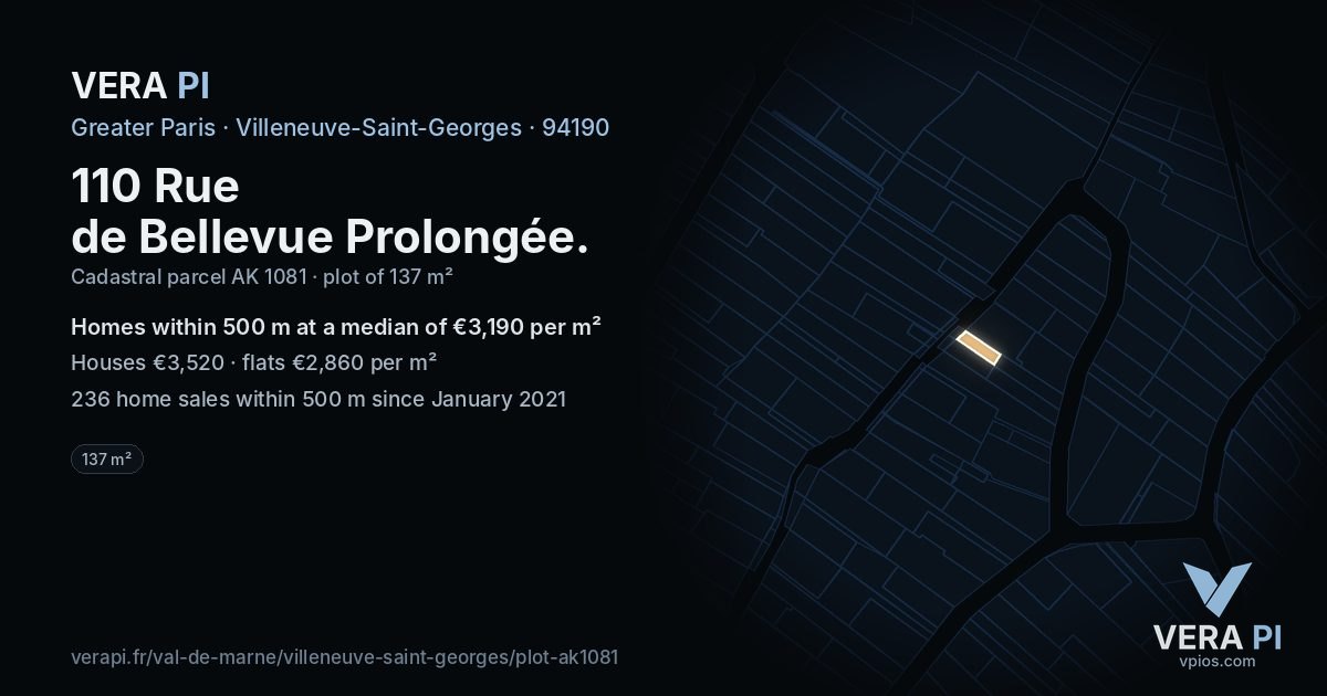 110 Rue de Bellevue Prolongée, Villeneuve-Saint-Georges at night – the plot lit, the parcels around coloured by the prices near them