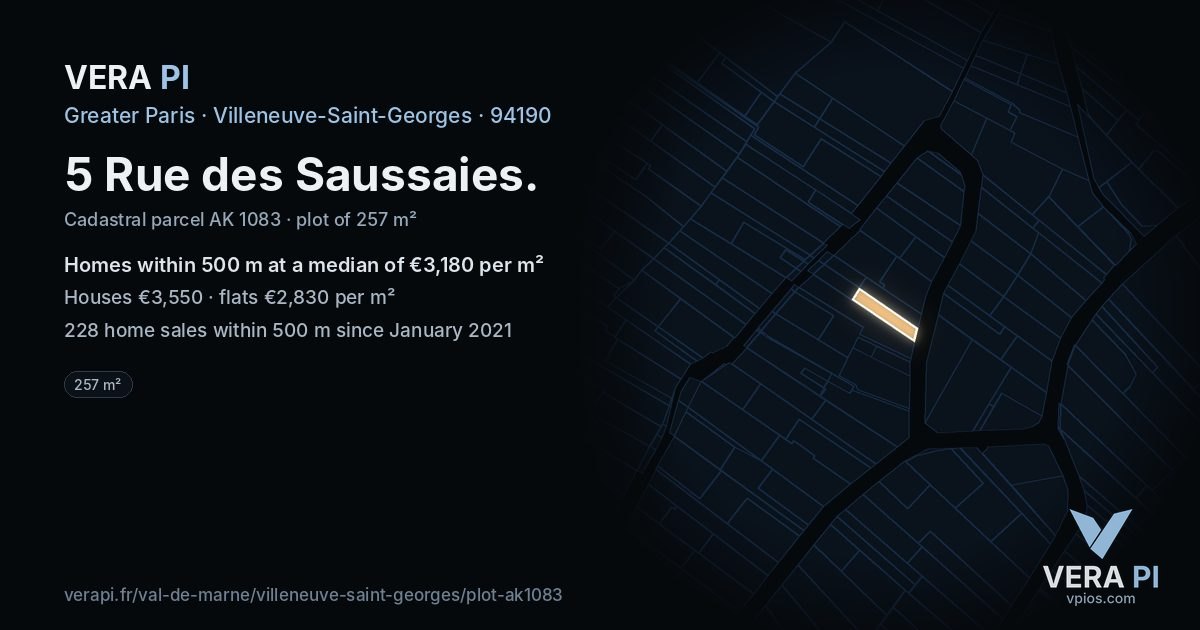 5 Rue des Saussaies, Villeneuve-Saint-Georges at night – the plot lit, the parcels around coloured by the prices near them
