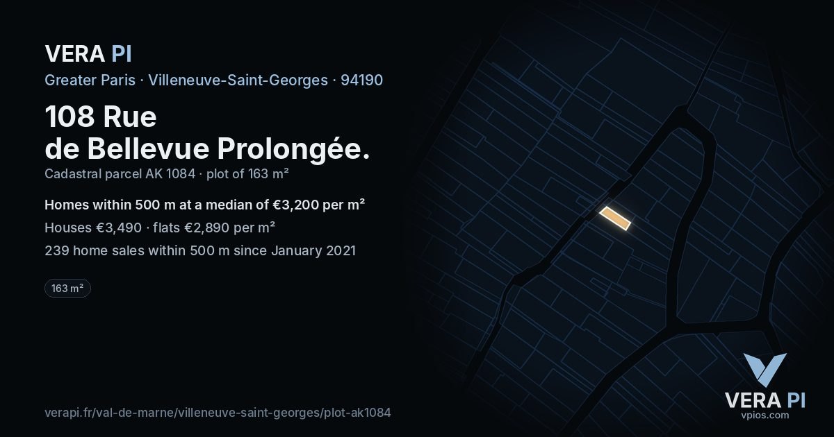 108 Rue de Bellevue Prolongée, Villeneuve-Saint-Georges at night – the plot lit, the parcels around coloured by the prices near them