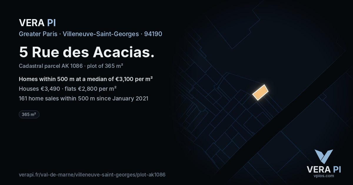 5 Rue des Acacias, Villeneuve-Saint-Georges at night – the plot lit, the parcels around coloured by the prices near them