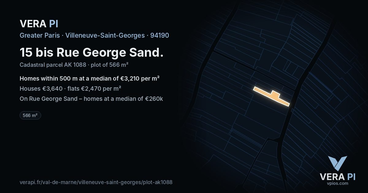 15 bis Rue George Sand, Villeneuve-Saint-Georges at night – the plot lit, the parcels around coloured by the prices near them