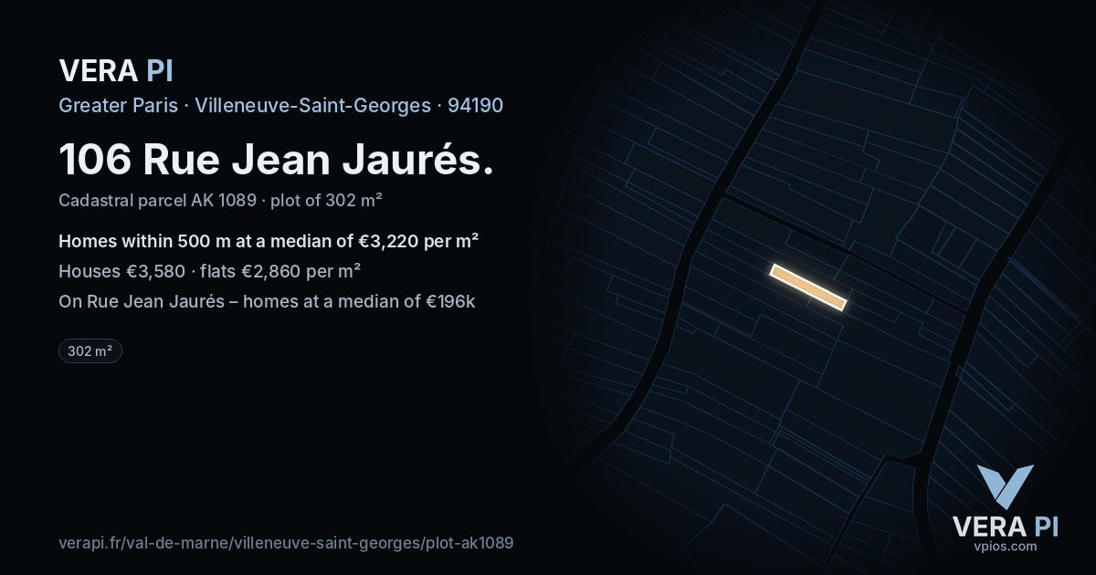 106 Rue Jean Jaurés, Villeneuve-Saint-Georges at night – the plot lit, the parcels around coloured by the prices near them