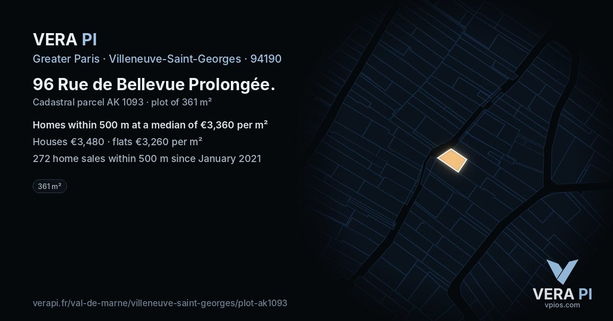 96 Rue de Bellevue Prolongée, Villeneuve-Saint-Georges at night – the plot lit, the parcels around coloured by the prices near them