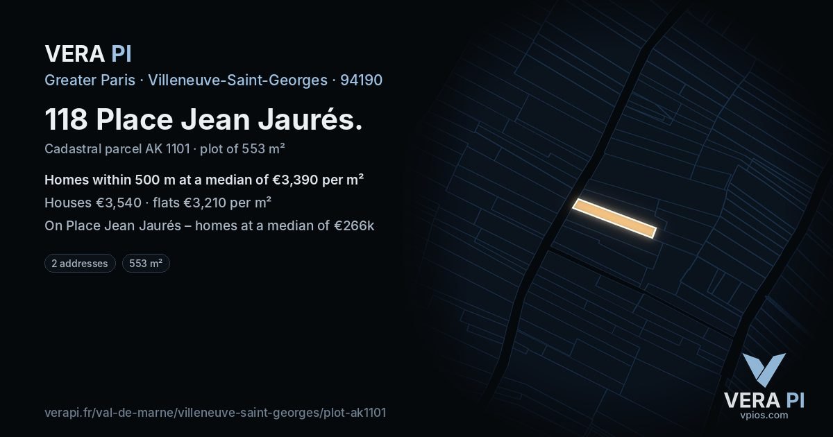 118 Place Jean Jaurés, Villeneuve-Saint-Georges at night – the plot lit, the parcels around coloured by the prices near them