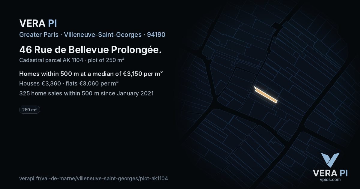 46 Rue de Bellevue Prolongée, Villeneuve-Saint-Georges at night – the plot lit, the parcels around coloured by the prices near them
