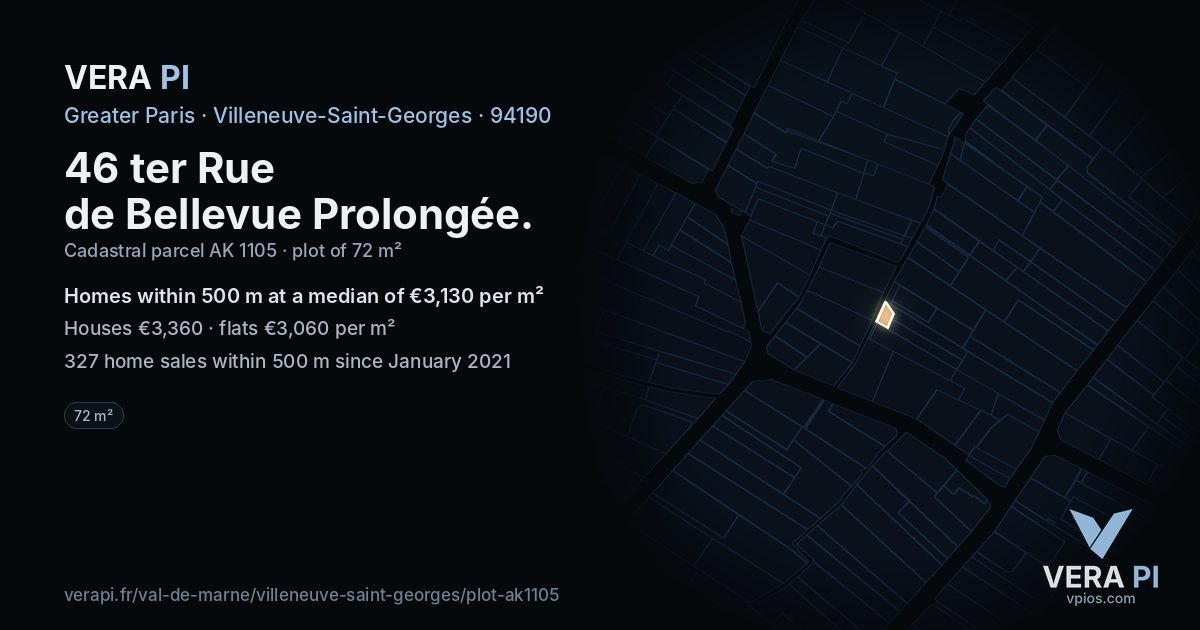 46 ter Rue de Bellevue Prolongée, Villeneuve-Saint-Georges at night – the plot lit, the parcels around coloured by the prices near them
