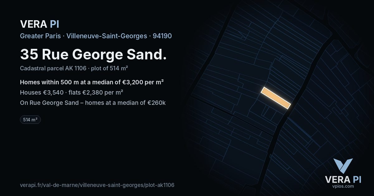 35 Rue George Sand, Villeneuve-Saint-Georges at night – the plot lit, the parcels around coloured by the prices near them
