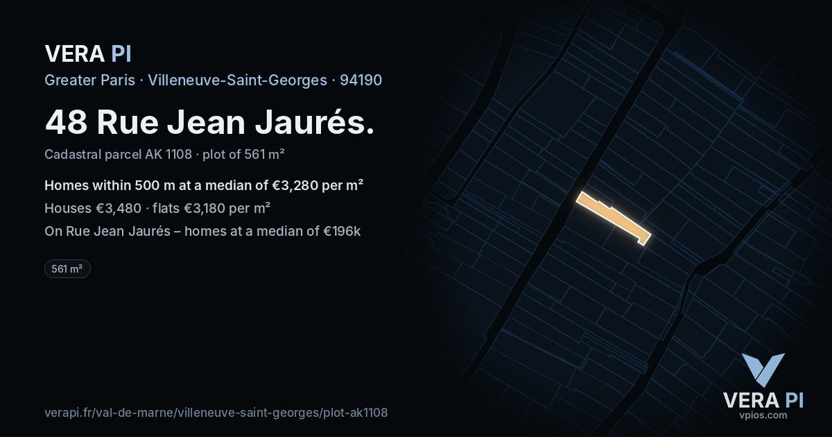 48 Rue Jean Jaurés, Villeneuve-Saint-Georges at night – the plot lit, the parcels around coloured by the prices near them