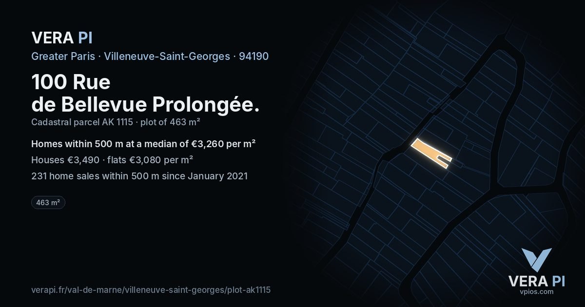 100 Rue de Bellevue Prolongée, Villeneuve-Saint-Georges at night – the plot lit, the parcels around coloured by the prices near them